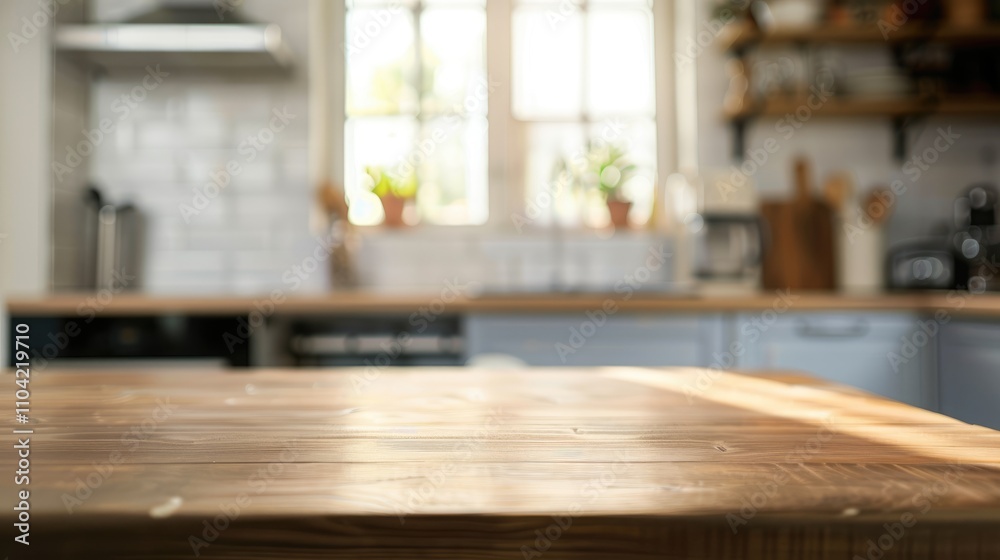 Blurred kitchen interior as background for table top