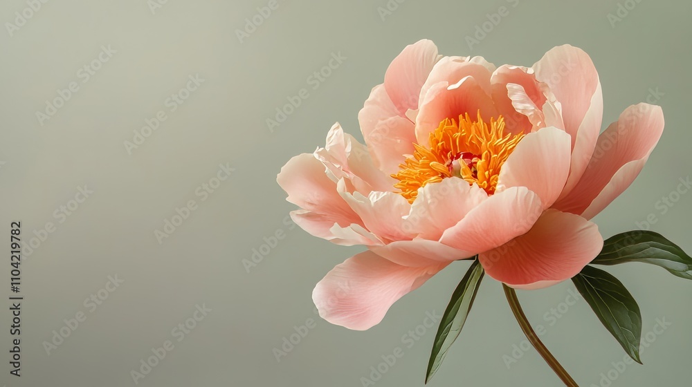 A single soft coral peony against a muted olive background, close-up shot, Minimalist style A single soft coral peony against a muted olive background, close-up shot, Minimalist style