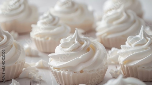 Close-up of meringue cakes on white wooden backdrop with empty area.