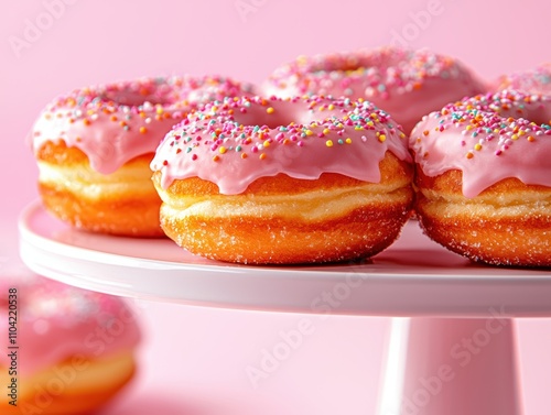 Wallpaper Mural Delicious pink frosted donuts on a cake stand bakery display food photography bright environment close-up view for treat lovers Torontodigital.ca