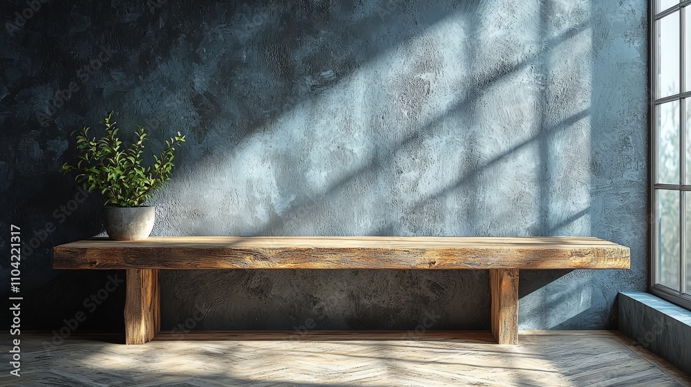 A minimalist interior scene featuring a wooden bench, plant, and sunlight casting shadows.