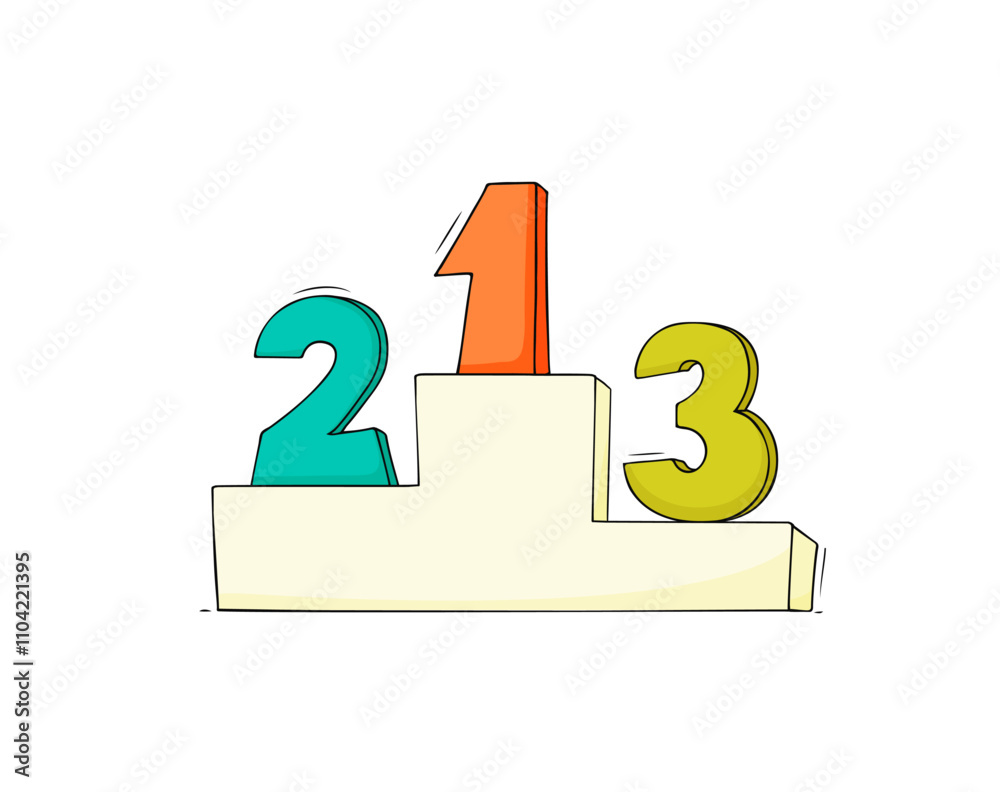 Big numbers 1,2,3 stands on pedestal. Doodle cute icon about leadership and sport. Hand drawn cartoon vector illustration.