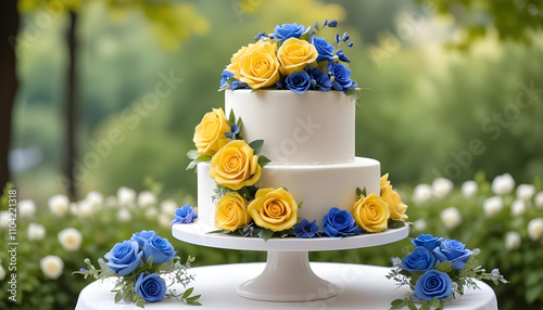 A three-tier white wedding cake decorated with yellow roses and blue flowers on a stand, with a blurred outdoor background