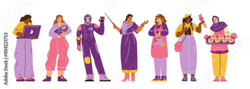 Vector illustration of women in various professions, including teacher, office worker, mother