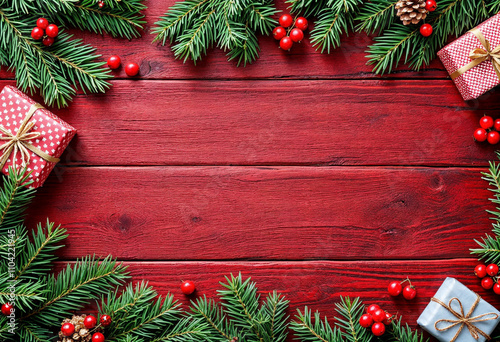Red wooden table top top view, with Christmas decorations for graphic design resource template for mockup logo branding announcement social media post with pine boughs holly berries