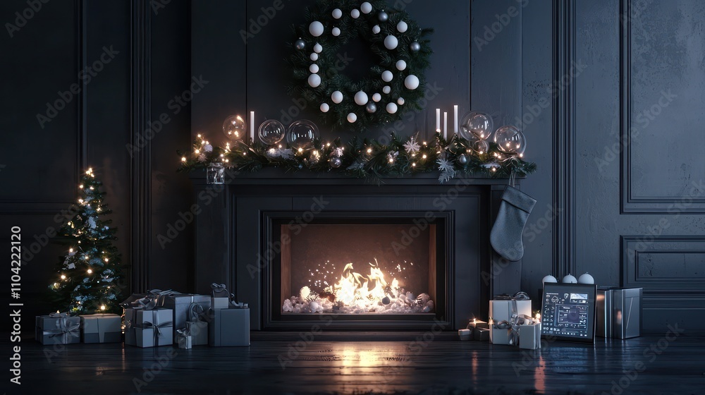 3D-rendered fireplace with wreath and snow globes. Firelight creates warmth, while glowing futuristic gadgets bring a modern twist to the festive scene. 3D-rendered fireplace with wreath and snow globes. Firelight creates warmth, while glowing futuristic gadgets bring a modern twist to the festive scene.