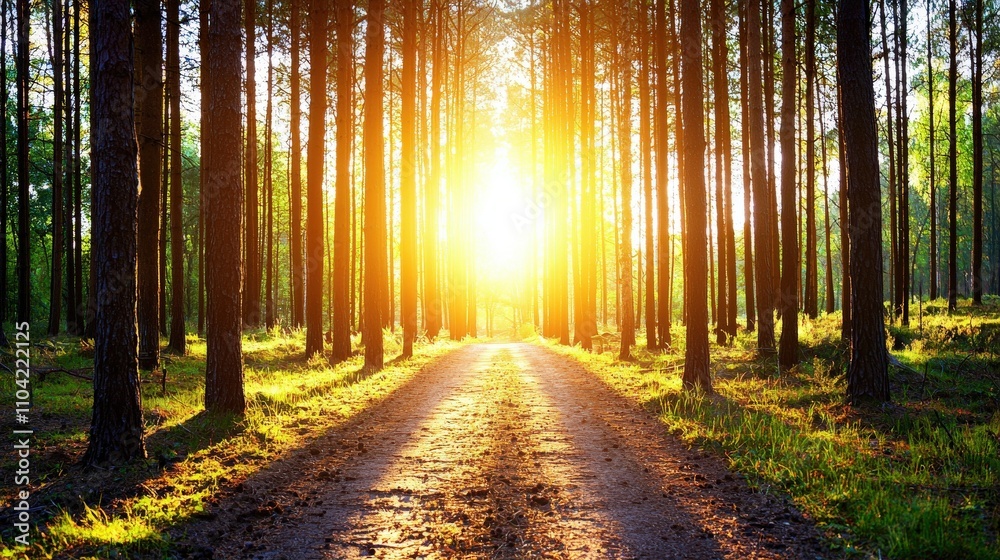 Fototapeta premium Sun-drenched forest path with golden rays filtering through tall trees, creating a magical summer glow