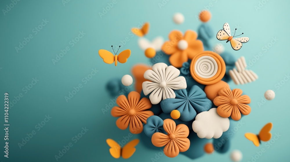 Obraz premium Abstract composition of colorful flowers and butterflies in orange and blue hues on a teal background in a 3D illustration style with a whimsical and playful design.