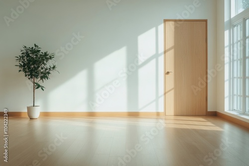 Sunlight streaming through windows creates calming shadows in a minimalist room