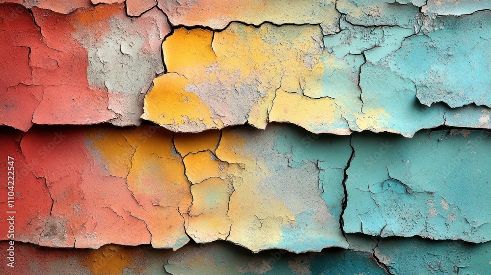 Cracked, layered paint texture in red, yellow, and blue hues. Cracked, layered paint texture in red, yellow, and blue hues.