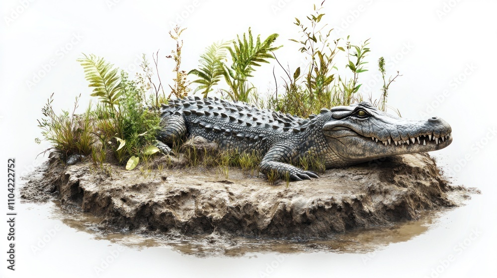 Fototapeta premium Spectacular Crocodile Resting on a Muddy Riverbank Island