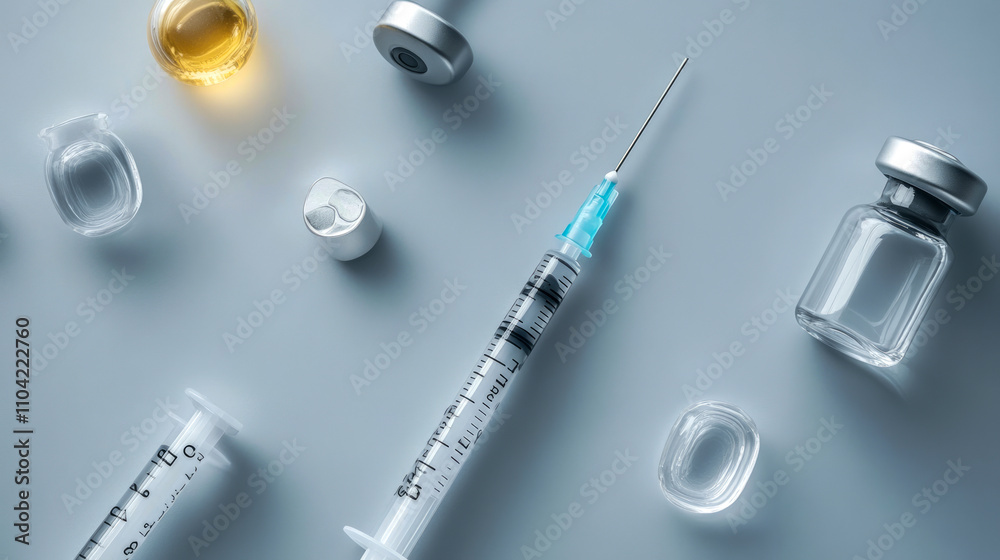 Medical syringe and vials on gray background Medical syringe and vials on gray background