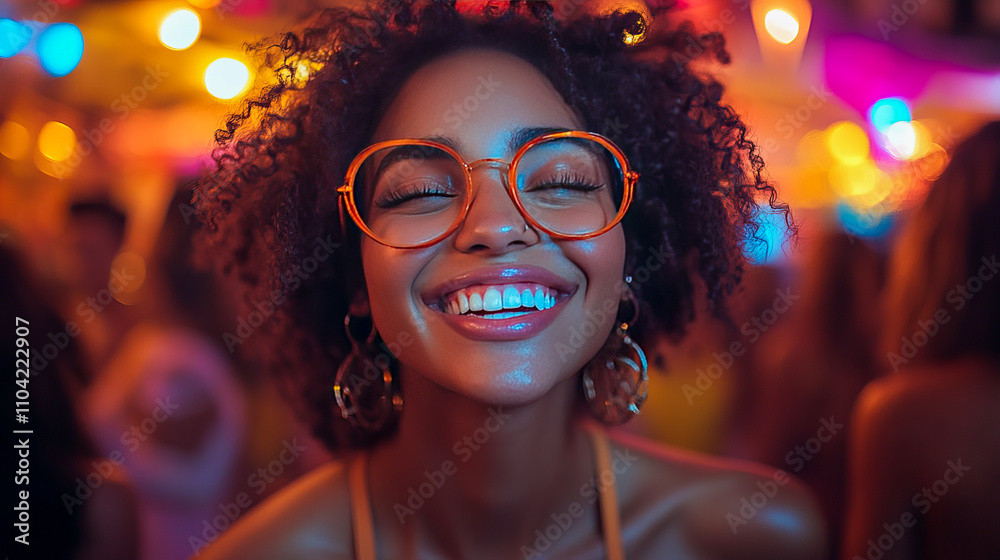 Joyful african female adult with glasses at vibrant party Joyful african female adult with glasses at vibrant party