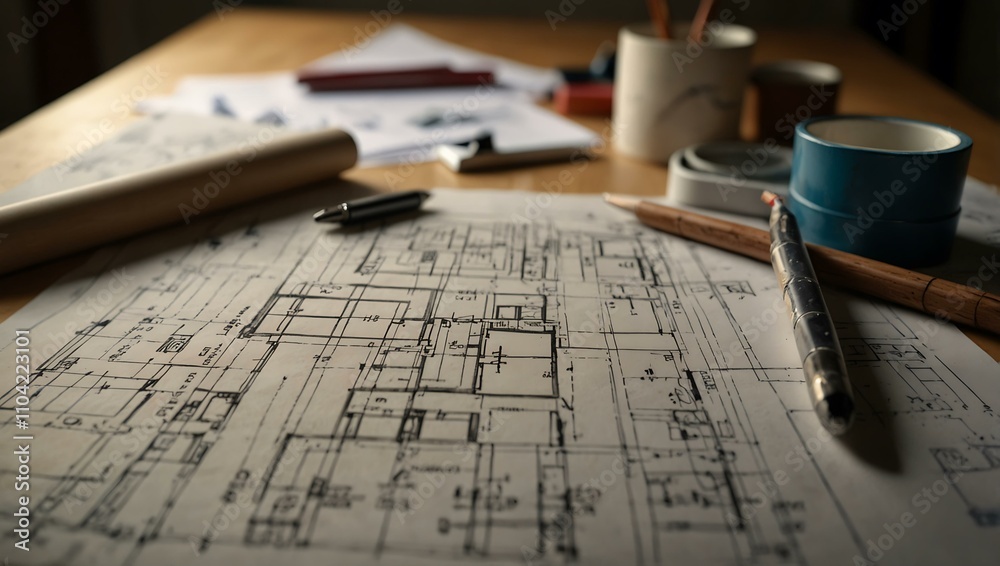 Architect’s desk with blueprints and tools in natural light. Architect’s desk with blueprints and tools in natural light.