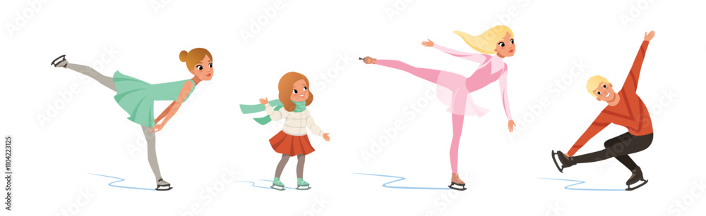 Man and Woman Ice Figure Skating Moving on Ice Rink Vector Set Man and Woman Ice Figure Skating Moving on Ice Rink Vector Set