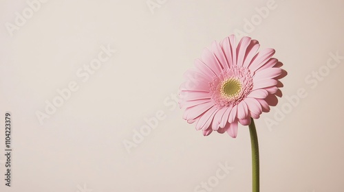 A single soft mauve gerbera daisy against a light beige background, close-up shot, Minimalist style