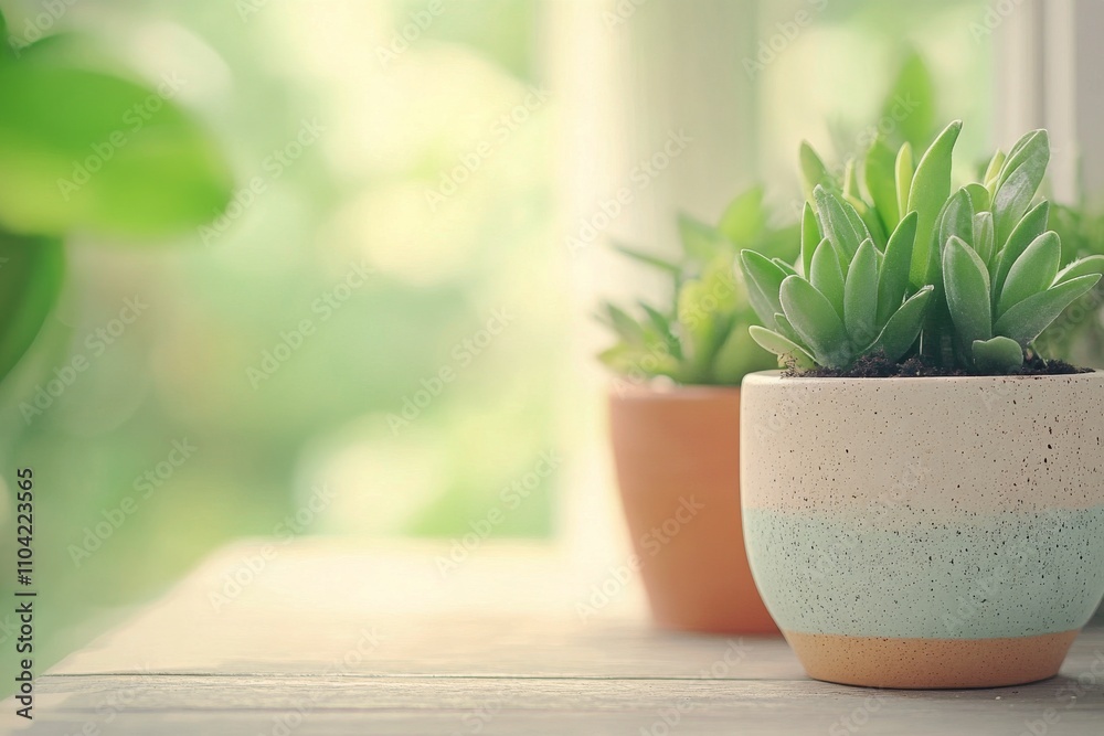 Various potted plants arranged on a wooden table in a sunlit environment Various potted plants arranged on a wooden table in a sunlit environment