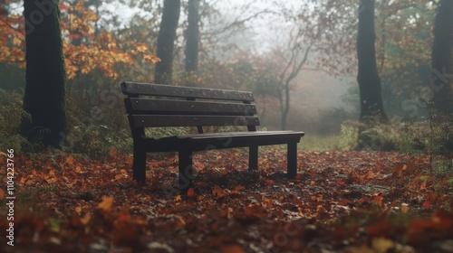 Solitary bench in a foggy forest surrounded by colorful autumn leaves and trees. A peaceful place to relax and unwind.