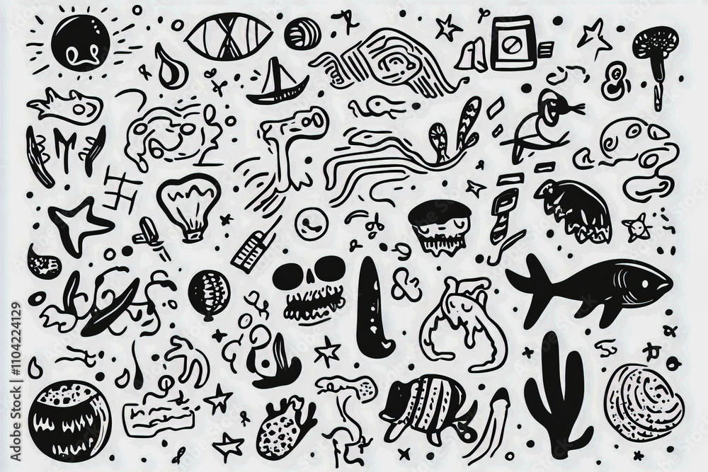 Fototapeta premium Playful doodle art with animals, objects, and sea creatures