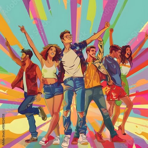 A group of young adults, diverse in ethnicity and style, joyfully celebrate together against a vibrant, colorful backdrop.
