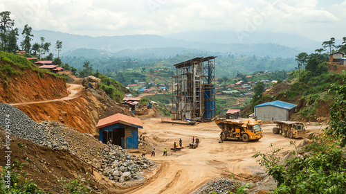 Cobalt extraction in Congolese mine with workers and heavy machinery at the site