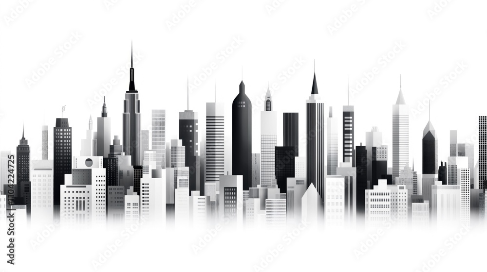 Monochrome illustration of a modern city skyline with various skyscraper designs on a white background highlighting urban architecture. Monochrome illustration of a modern city skyline with various skyscraper designs on a white background highlighting urban architecture.