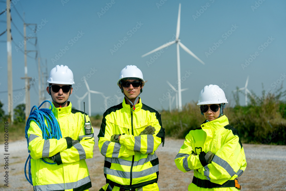 Close up wind turbine or windmill workers or technicians stand with arm-crossed on the road in wind turbine field and they look at camera with day light. Close up wind turbine or windmill workers or technicians stand with arm-crossed on the road in wind turbine field and they look at camera with day light.