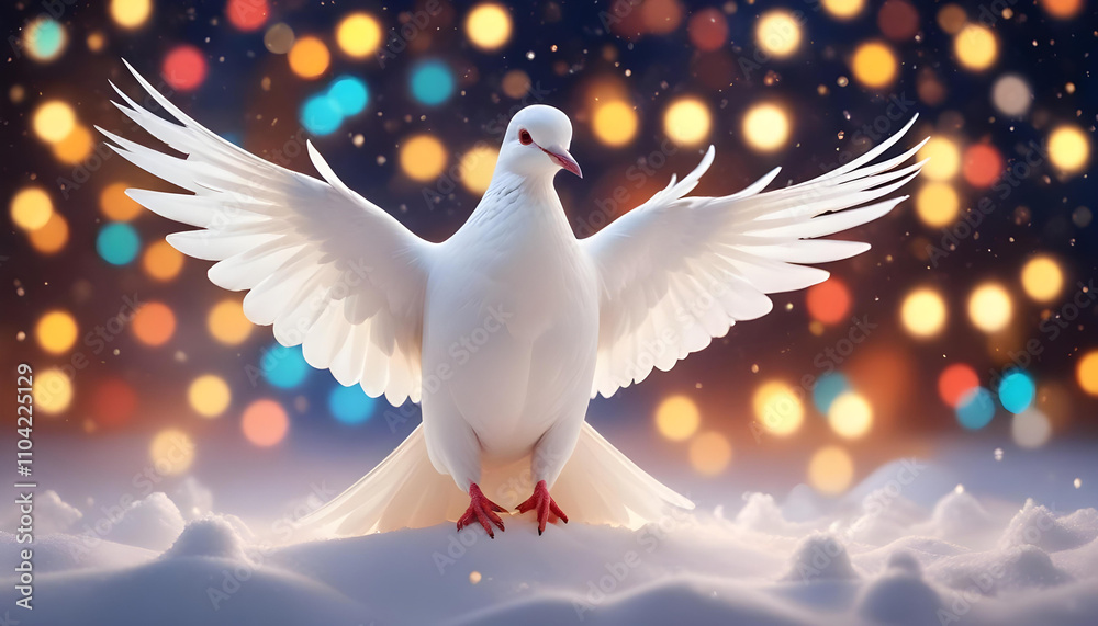 Obraz premium A white dove perched on a snowy surface, with a blurred background of soft, glowing lights, creating a serene and peaceful winter scene