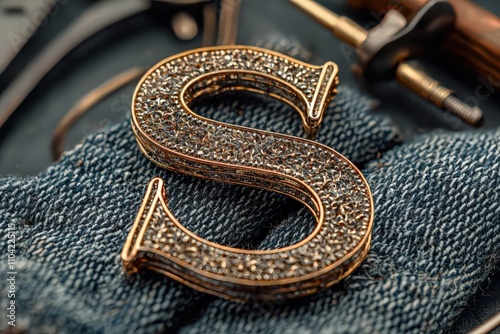 Detailed embroidery of elegant letter S on denim with golden thread and subtle accents photo