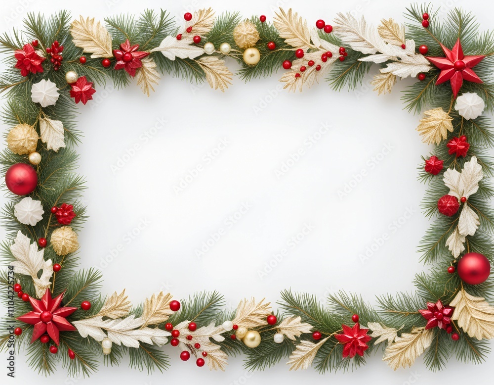Christmas Frame Border empty Copy space. Red, gold and green Christmas decorations on a transparent white background Christmas Frame Border empty Copy space. Red, gold and green Christmas decorations on a transparent white background