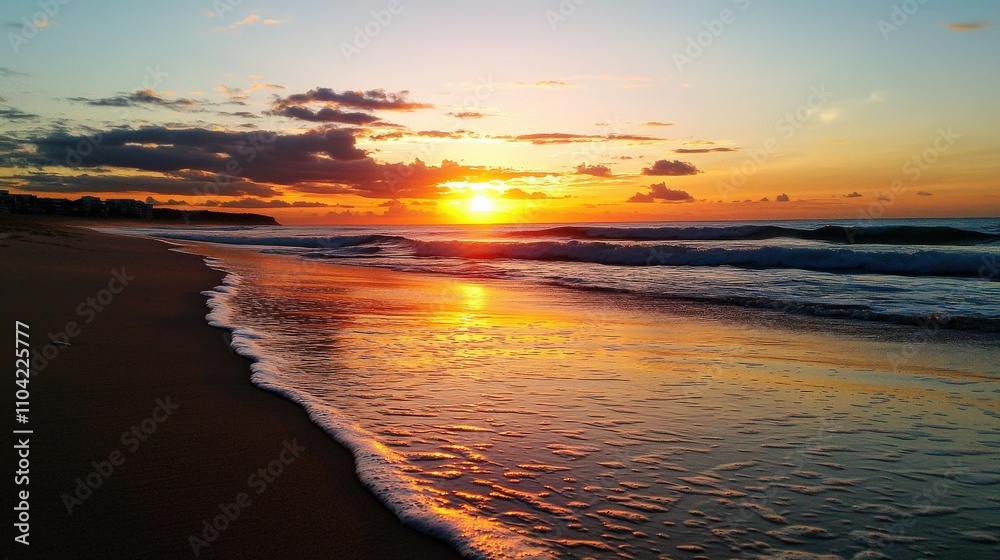 Obraz premium Sunset on a peaceful beach, waves gently lapping at the shore, golden and orange hues reflecting on the water