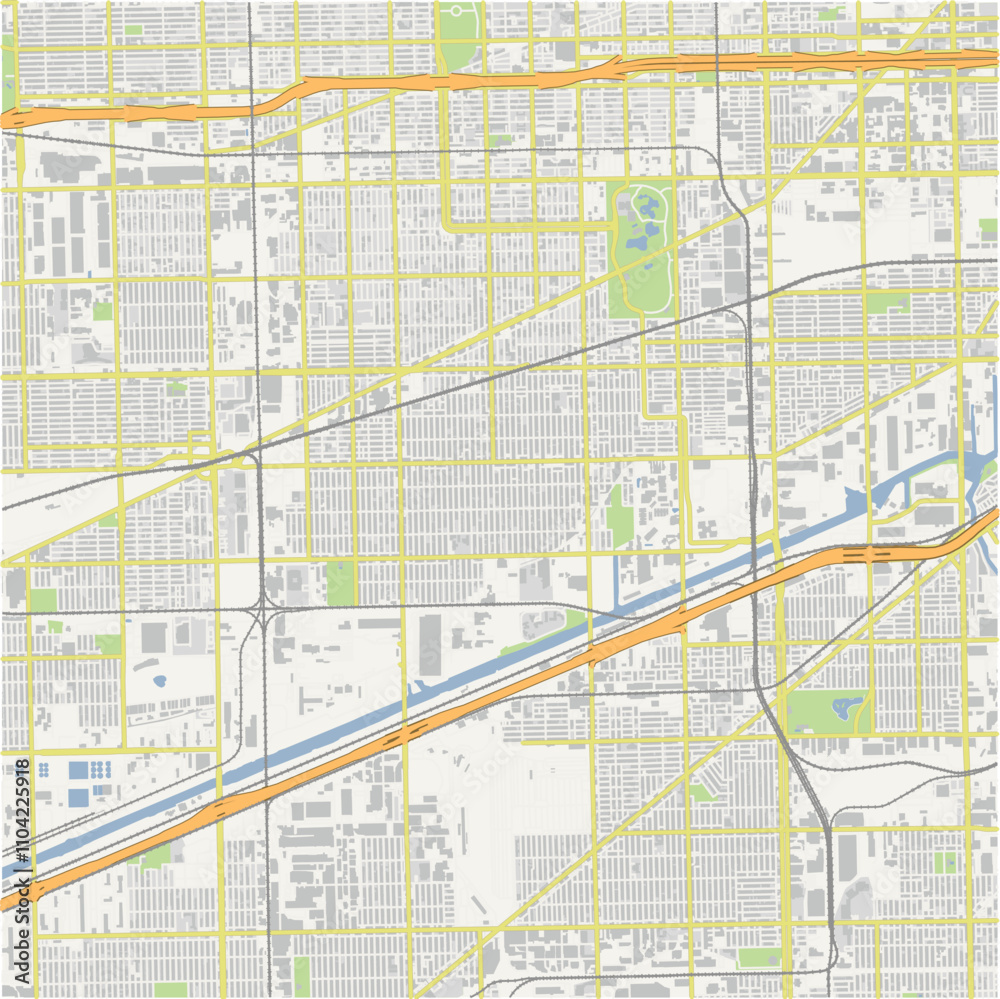 Obraz premium Map of South Lawndale in Illinois in a normal road map style. Contains layered vector with roads water, parks, etc.