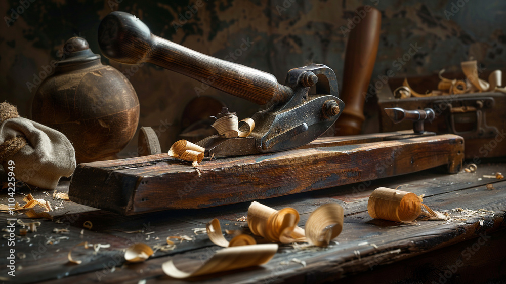 Wood Shavings from Carpenter’s Plane: Fine shavings curl off a wood plank as it’s smoothed with a hand plane, emphasizing traditional woodworking skill. Wood Shavings from Carpenter’s Plane: Fine shavings curl off a wood plank as it’s smoothed with a hand plane, emphasizing traditional woodworking skill.
