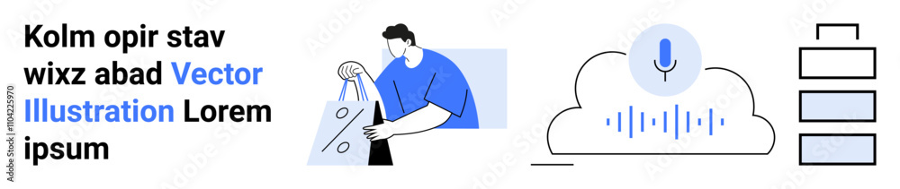 Man ironing clothes, blue microphone cloud icon, three stackable boxes on side, placeholder text blocks. Ideal for technology, home chores, cloud services, voice recognition, storage household Man ironing clothes, blue microphone cloud icon, three stackable boxes on side, placeholder text blocks. Ideal for technology, home chores, cloud services, voice recognition, storage household