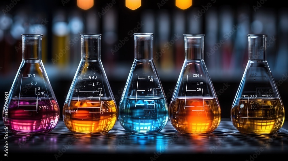 Colorful chemical reactions in flasks displaying vibrant solutions in a dark laboratory. Generative AI