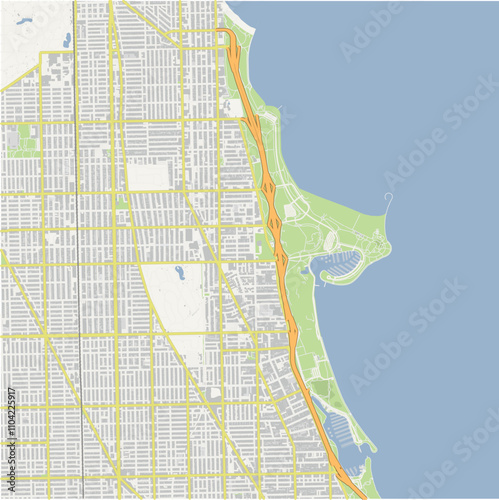 Map of Uptown in Illinois in a normal road map style. Contains layered vector with roads water, parks, etc.
