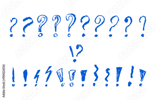 Exclamation and question marks symbols set. Blue crayon hand written signs. Doodle icons collection for speech bubble emphasis important or danger warning text. Vector graffiti or sketch style marks