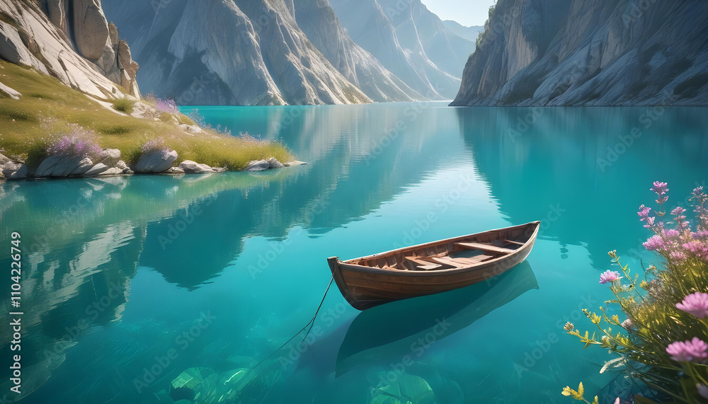 A wooden boat floating on a calm, turquoise lake surrounded by rocky cliffs A wooden boat floating on a calm, turquoise lake surrounded by rocky cliffs