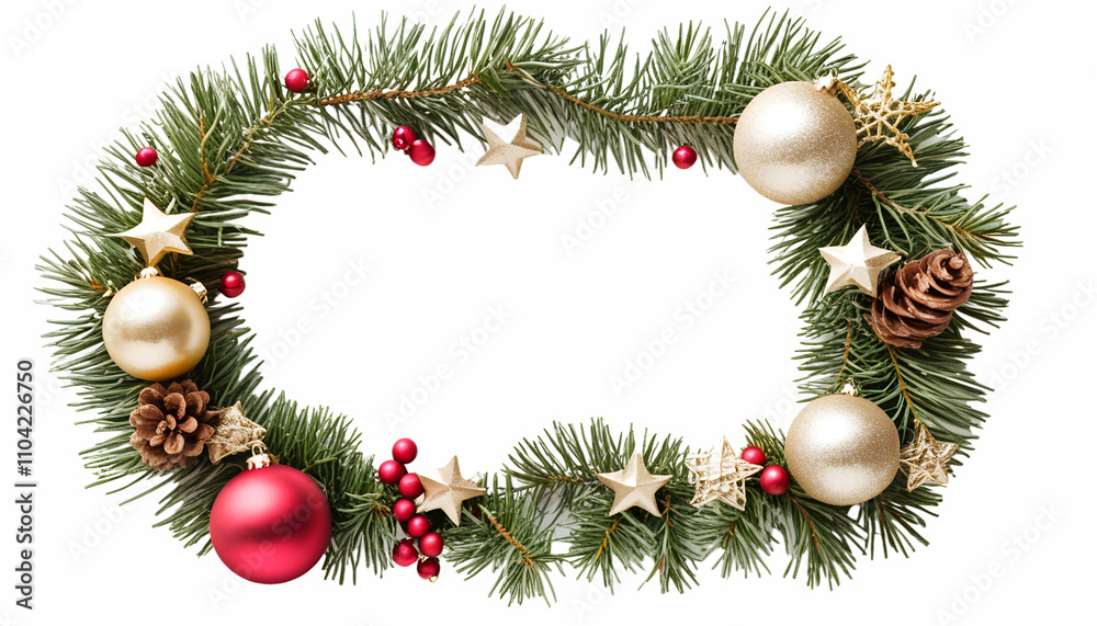Christmas Frame Border empty Copy space. Red, gold and green Christmas decorations on a transparent white background