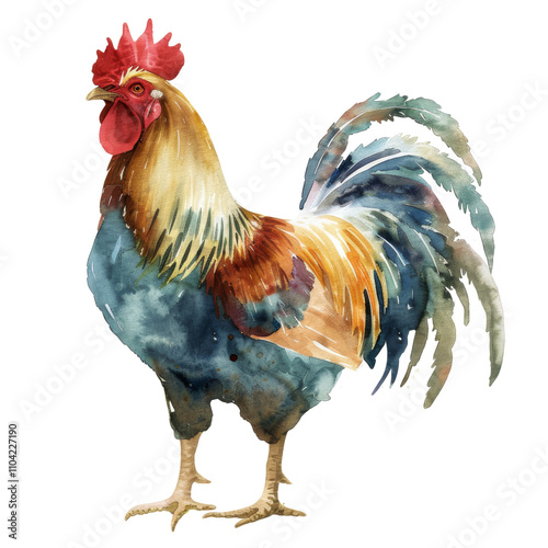 A vibrant watercolor illustration of a rooster standing proudly, showcasing its colorful plumage and natural beauty.