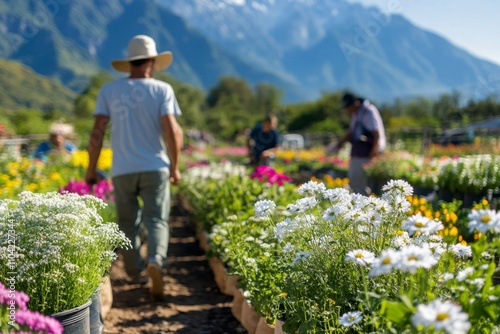 Colorful flower market attracts visitors in a scenic mountain landscape during sunny day