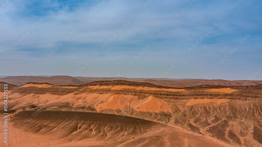 Naklejka premium Moroccan Sahara Desert, ancient black volcanic mountains, the Sahara River Oued Ghris, stunning Acacia trees, wild camels, and desert camp, landscape where golden sand dunes merge with green plants