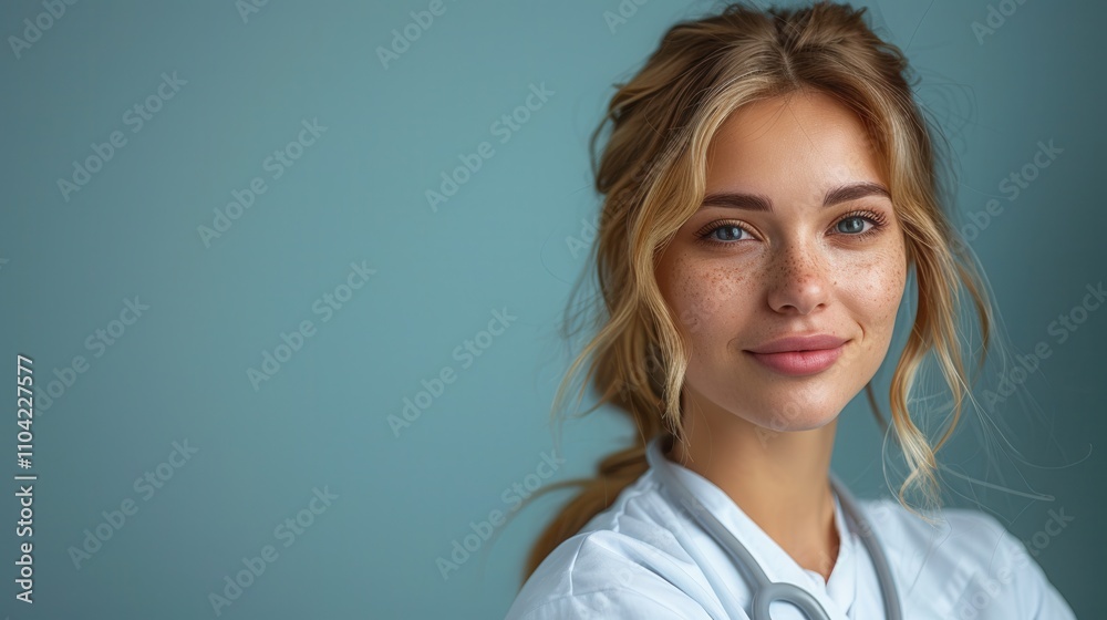 Confident healthcare professional smiling warmly in a serene clinical environment with soft lighting. Generative AI Confident healthcare professional smiling warmly in a serene clinical environment with soft lighting. Generative AI