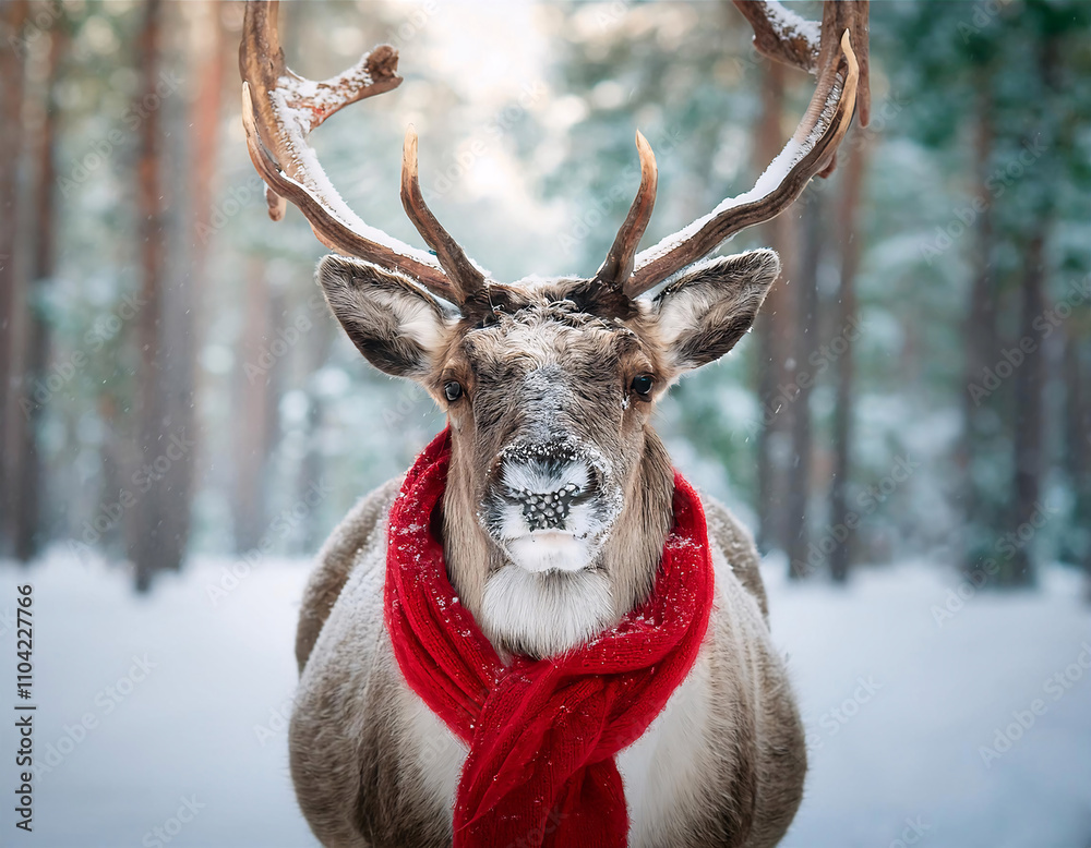 A majestic reindeer with large antlers, wearing a festive red scarf, stands in a snowy winter forest A majestic reindeer with large antlers, wearing a festive red scarf, stands in a snowy winter forest