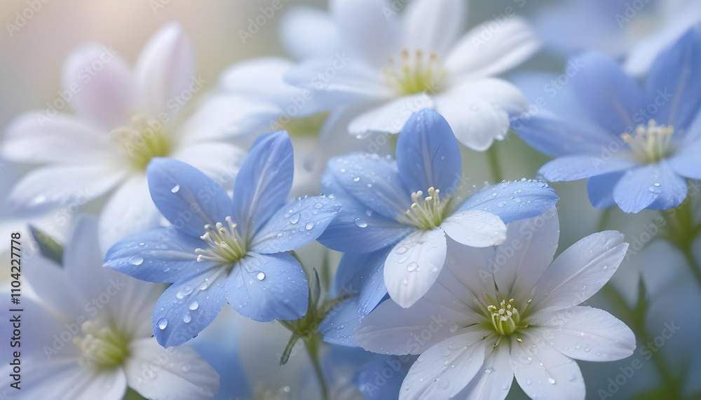 Obraz premium Delicate blue and white flowers with soft, blurred backgrounds, creating a serene and calming atmosphere
