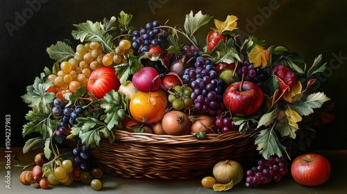 Autumn Harvest: A Still Life of Abundant Fruits in a Rustic Basket