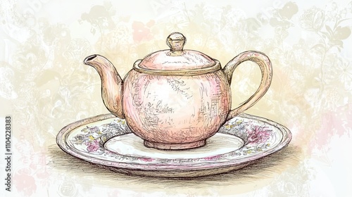 A delicate teapot on a floral plate, showcasing elegance and tea culture. photo