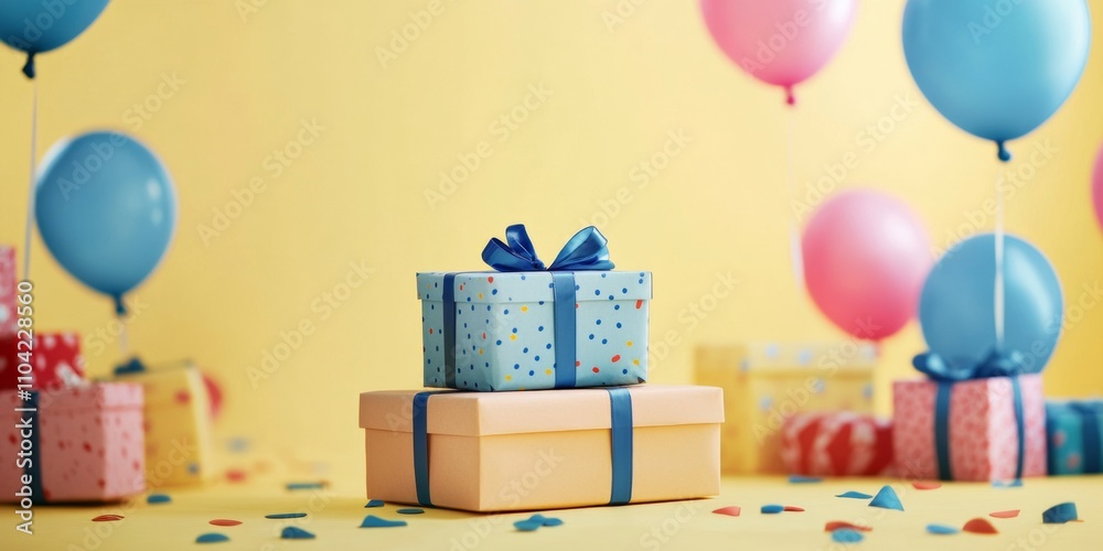 Colorful Festive Backdrop With Balloons And a Pile Of Presents, Copy Space, Greeting Card Concept, For Birthday Party Colorful Festive Backdrop With Balloons And a Pile Of Presents, Copy Space, Greeting Card Concept, For Birthday Party