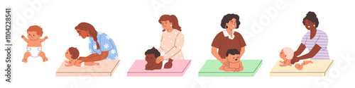 Woman therapist on diaper table making massage to baby, massage back treatment newborn health care therapy vector set