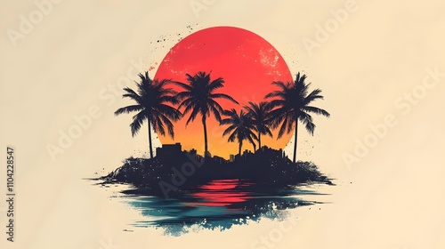 A tropical island with palm trees and a red sun in the background